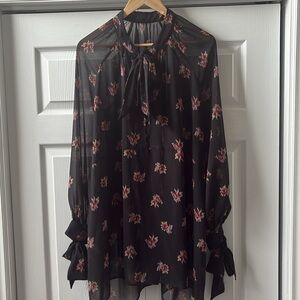 Zara sheer black floral baby doll dress w bows at neck/cuffs EUC